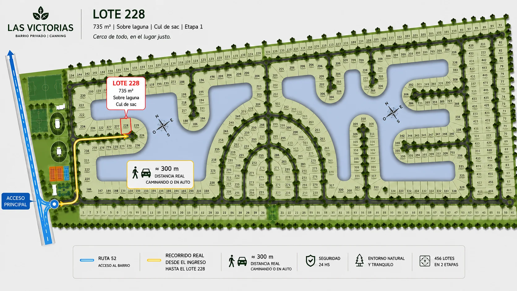 Masterplan de Las Victorias con Lote 228, Ruta 52 y recorrido desde el acceso